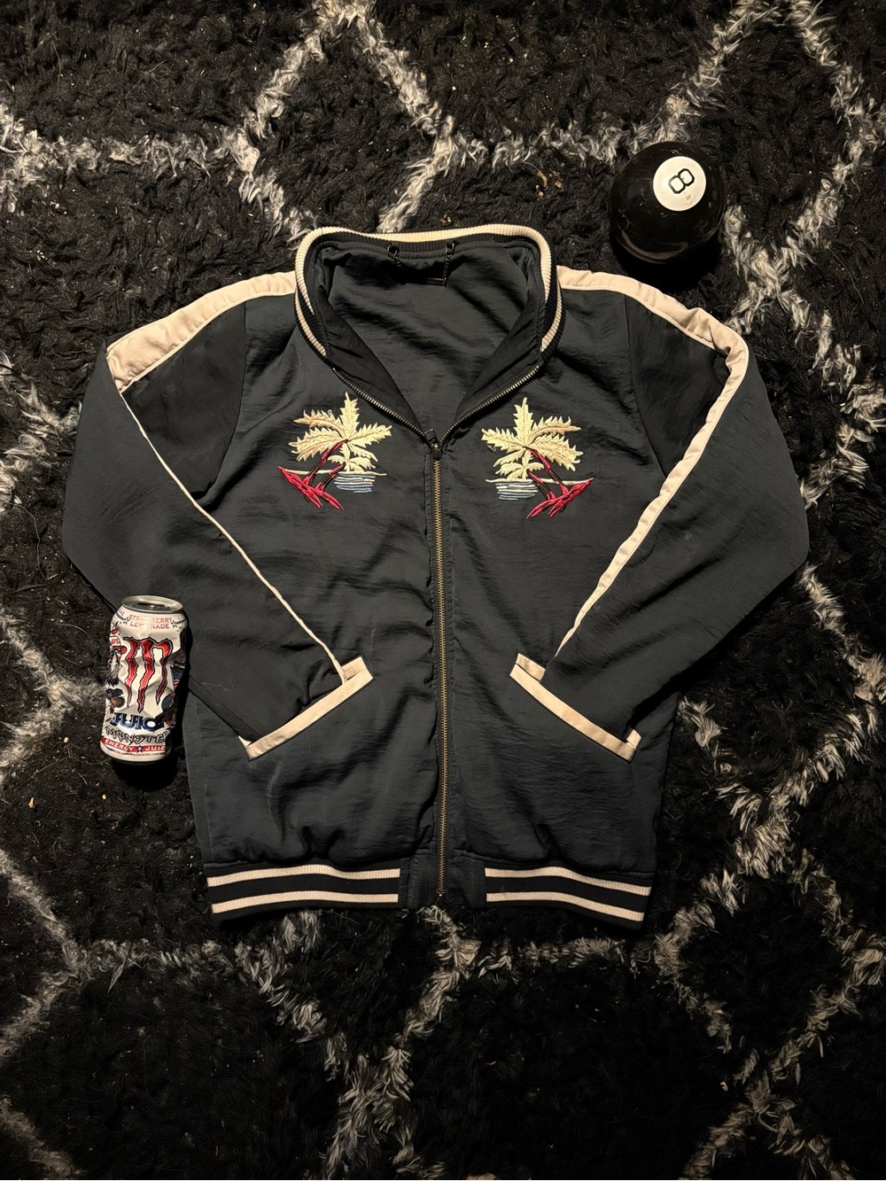 Navy Palm Embroidered Bomber Jacket with Cream Trim